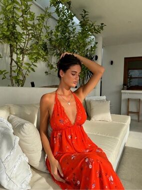 Red Floral Maxi Dress With Crochet Detail